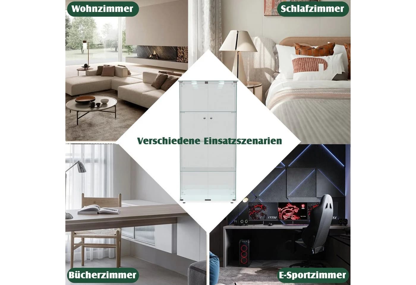 NMCXXO Glasvitrine Eckglasanzeigeschrank mit LED-Beleuchtung Weiß - Bild 4