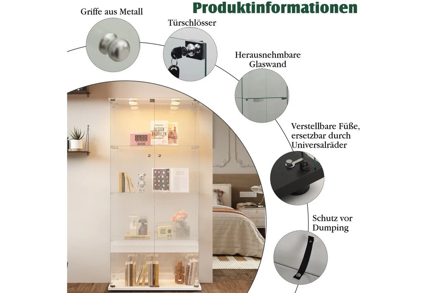 NMCXXO Glasvitrine Eckglasanzeigeschrank mit LED-Beleuchtung Weiß - Bild 5