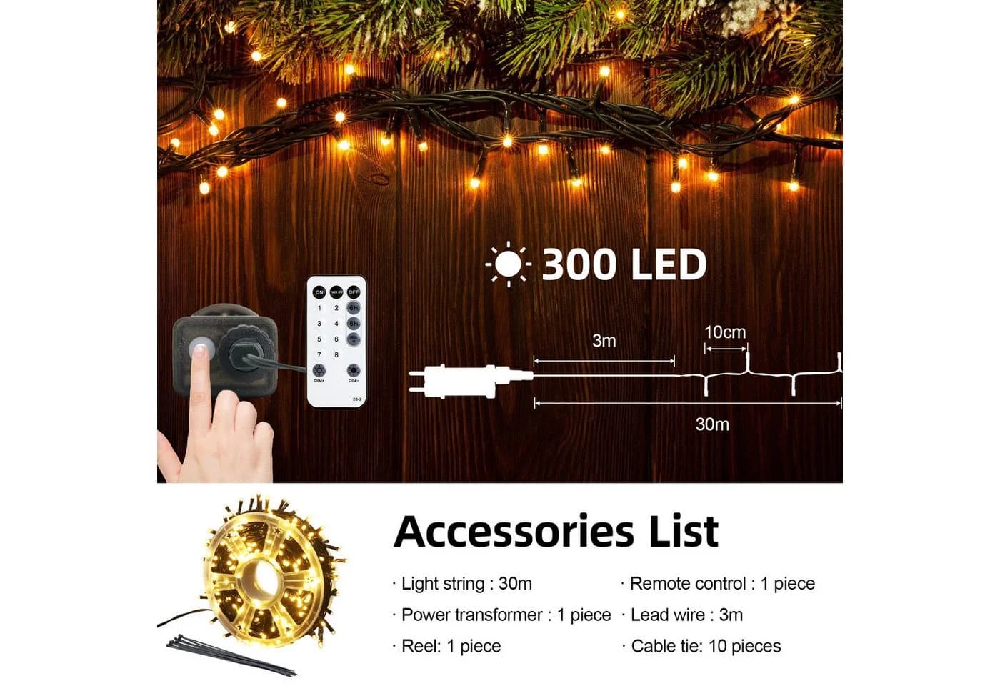 OZAVO LED-Lichterkette 30m 300 LEDs Warmweiß Fernbedienung Timer - Bild 5