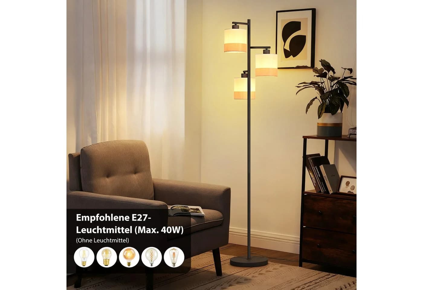ZMH Stehlampe Vintage Stoff Schirm E27 Fußschalter Weiß
