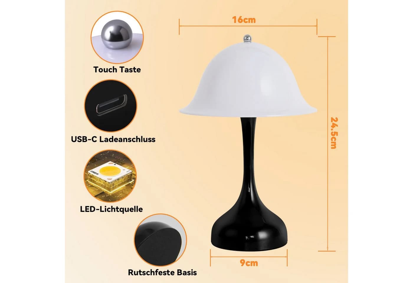 ZMH LED Tischleuchte Akku Touch Dimmbar Schlafzimmerlampe USB, 2000K-6500k - Bild 3