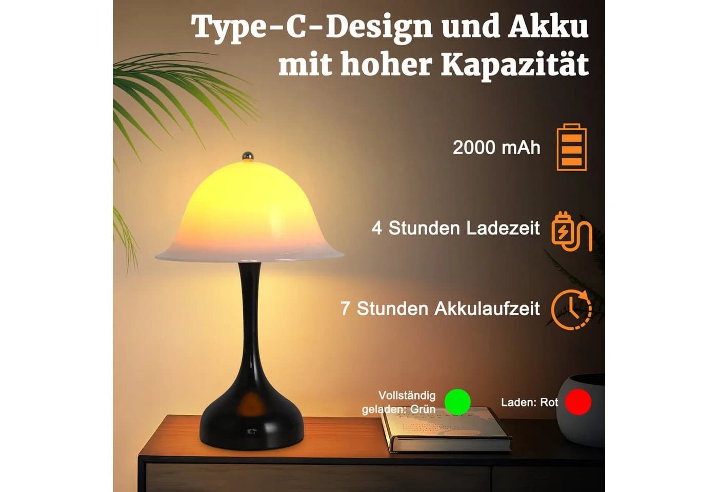 ZMH LED Tischleuchte Akku Touch Dimmbar Schlafzimmerlampe USB, 2000K-6500k - Bild 5