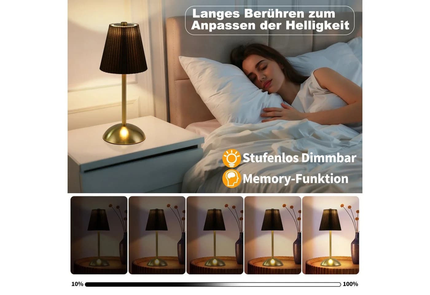 ZMH LED Tischleuchte 2er Set Akku Touch Dimmbar Schwarz - Bild 5