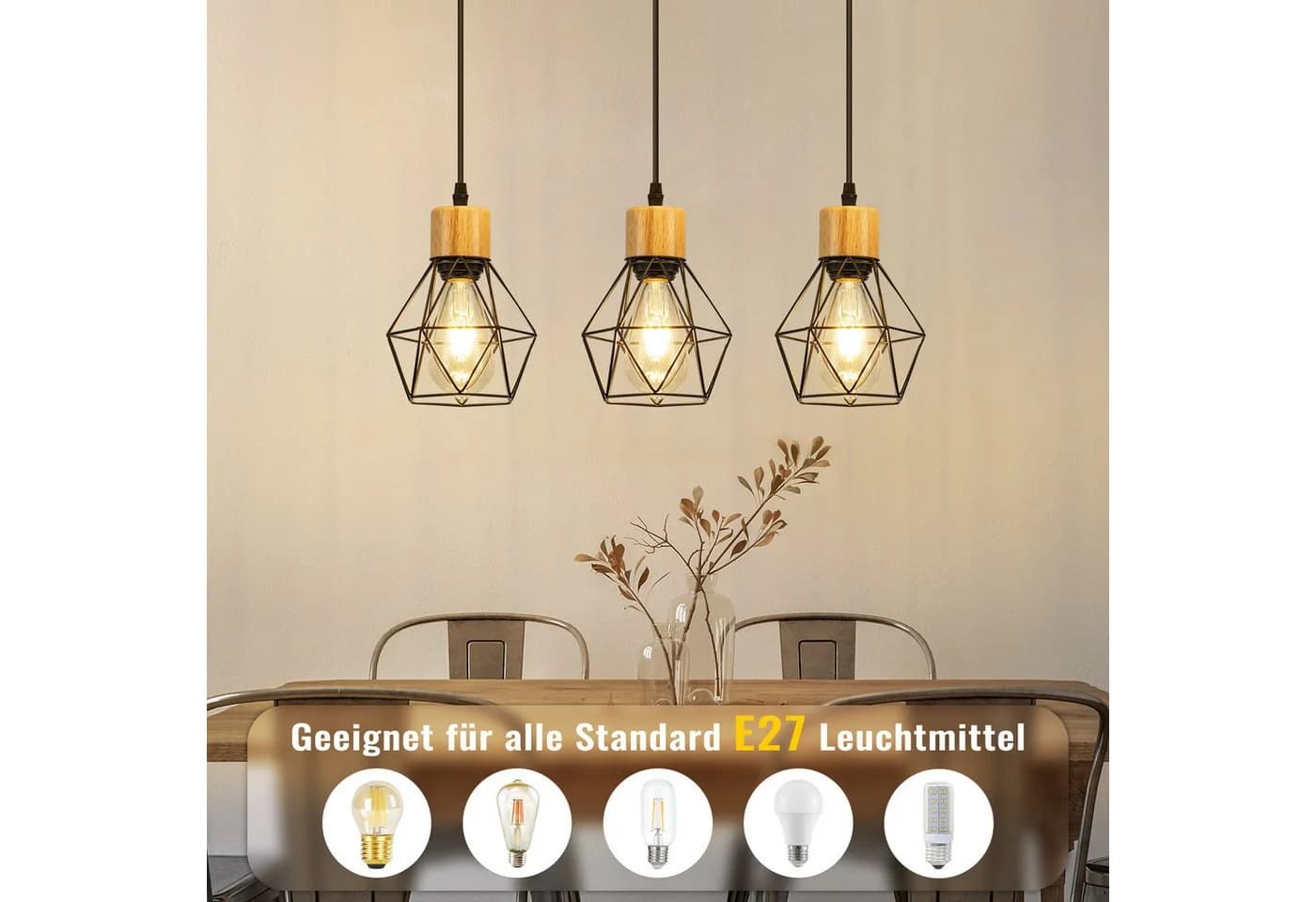 ZMH Pendelleuchte Hängeleuchte Esstisch Sandfarben Metall E27 Esszimmerlampe Schwarz Küchenlampe