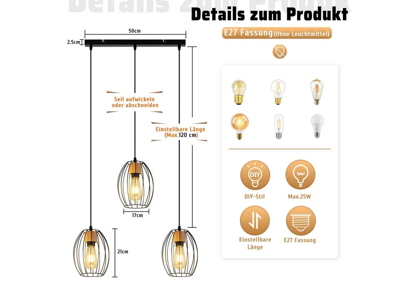 ZMH Pendelleuchte Industrielook Schwarz E27 Höhenverstellbar - Bild 3