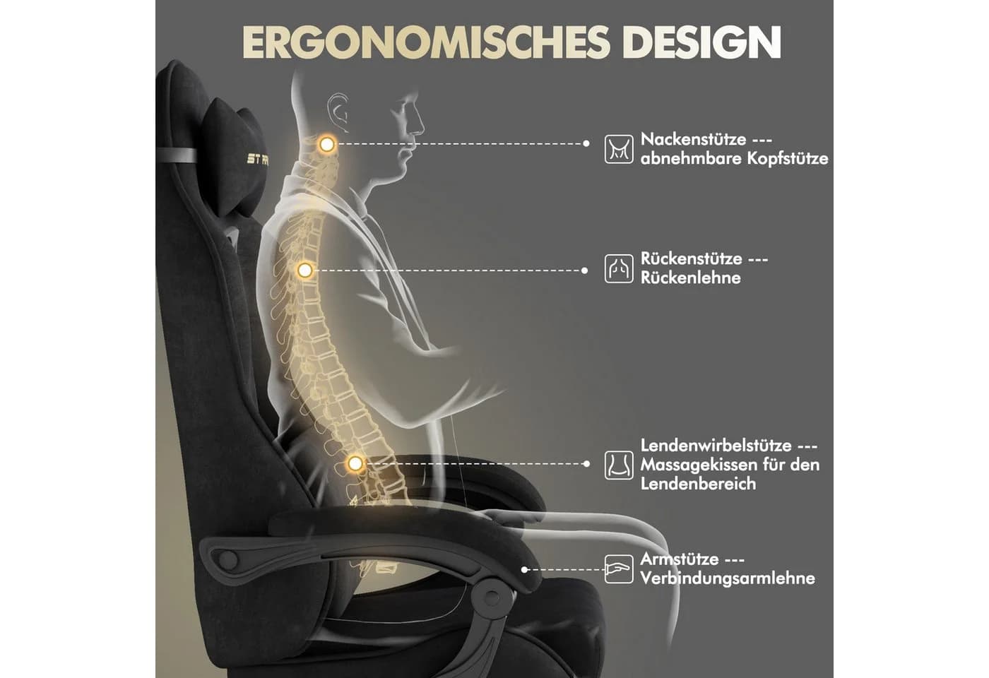 Ferghana Gaming-Stuhl Racing PC Stuhl Verstellbar mit Kopf-, Lendenkissen, Fußstütze Ergonomisch, atmungsaktiv - Bild 3