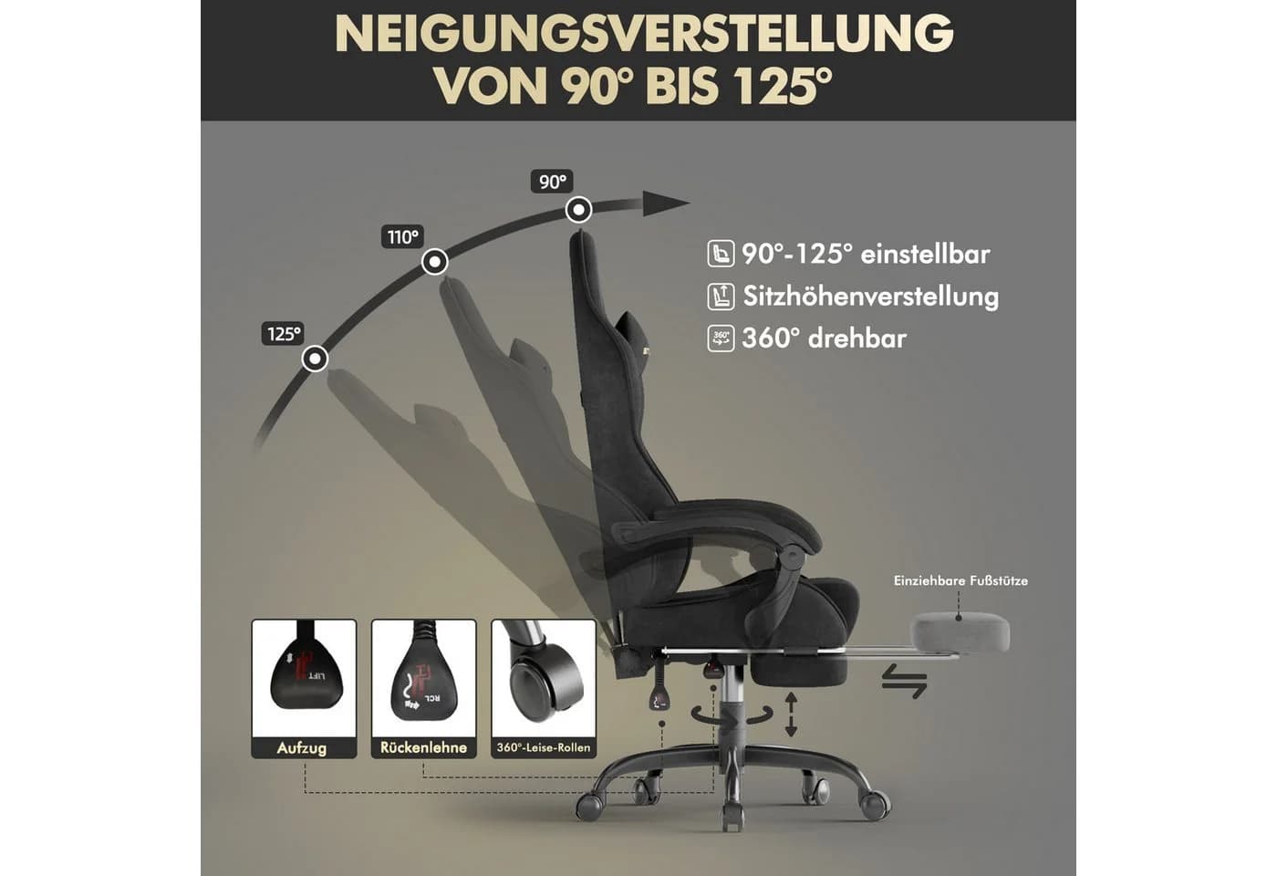 Ferghana Gaming-Stuhl Racing PC Stuhl Verstellbar mit Kopf-, Lendenkissen, Fußstütze Ergonomisch, atmungsaktiv - Bild 4