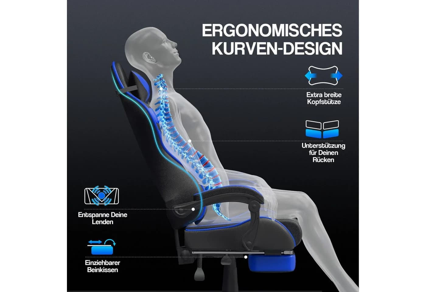 Ferghana Gaming-Stuhl mit Massagefunktion, Kopfstütze und Fußstütze - Bild 3