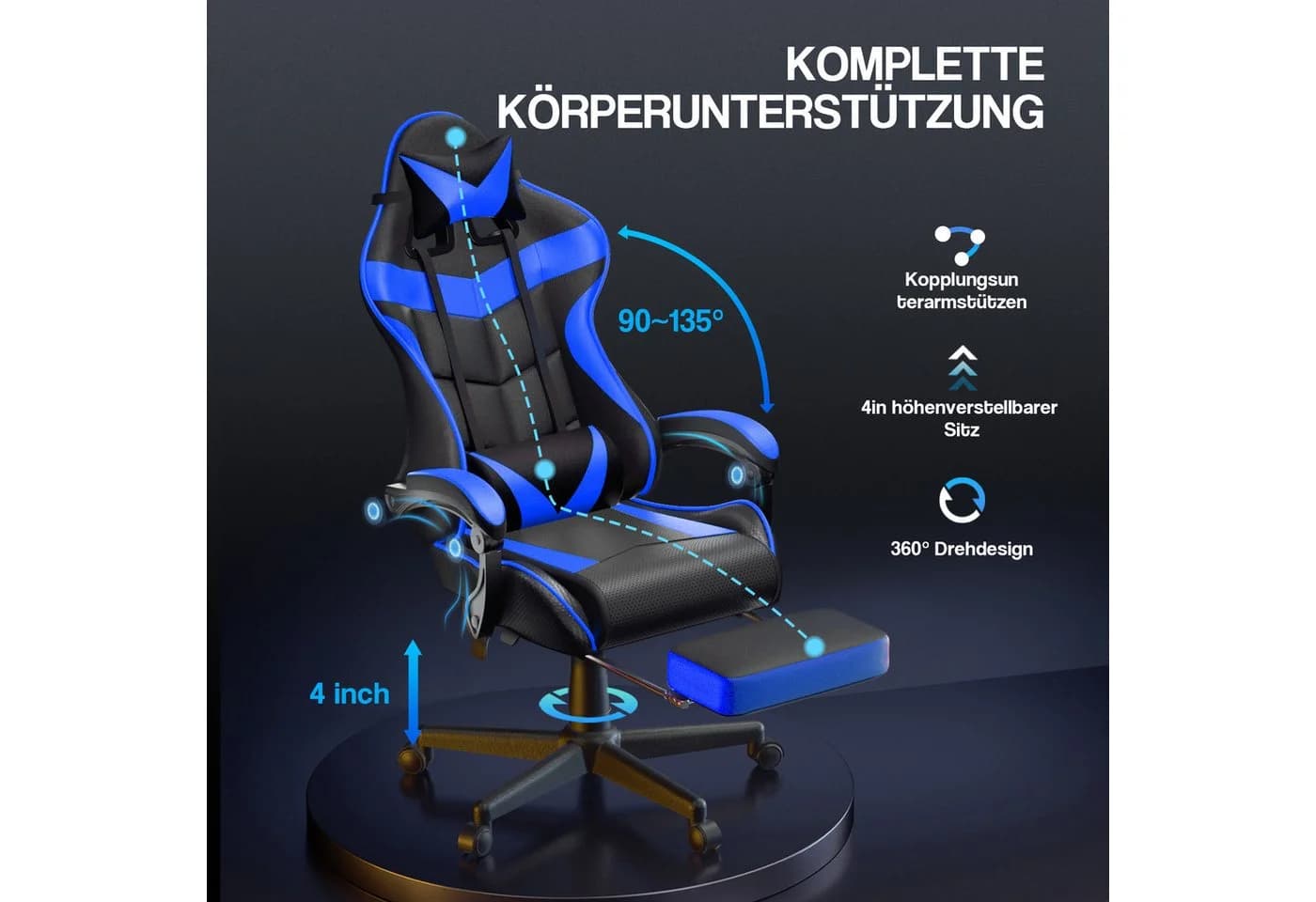 Ferghana Gaming-Stuhl mit Massagefunktion, Kopfstütze und Fußstütze - Bild 4