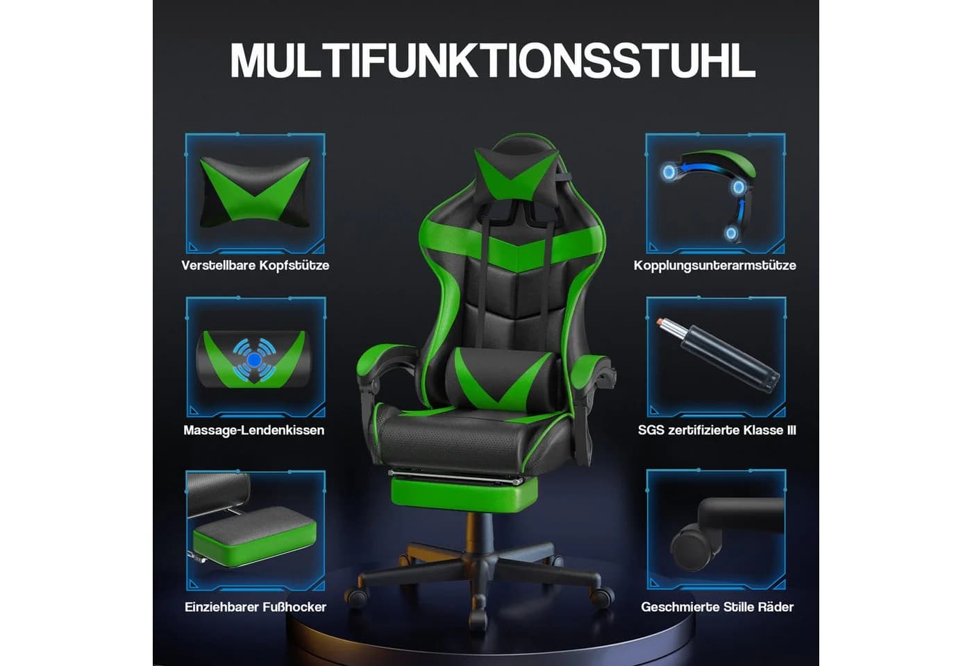 Ferghana Gaming-Stuhl mit Massagefunktion und Fußstütze