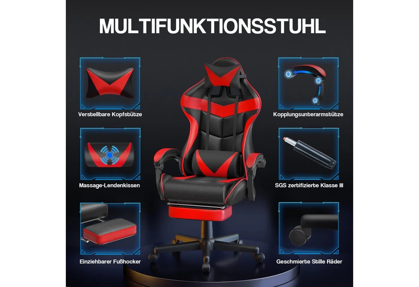 Ferghana Gaming-Stuhl mit Massagefunktion, Kopfstütze und Fußstütze