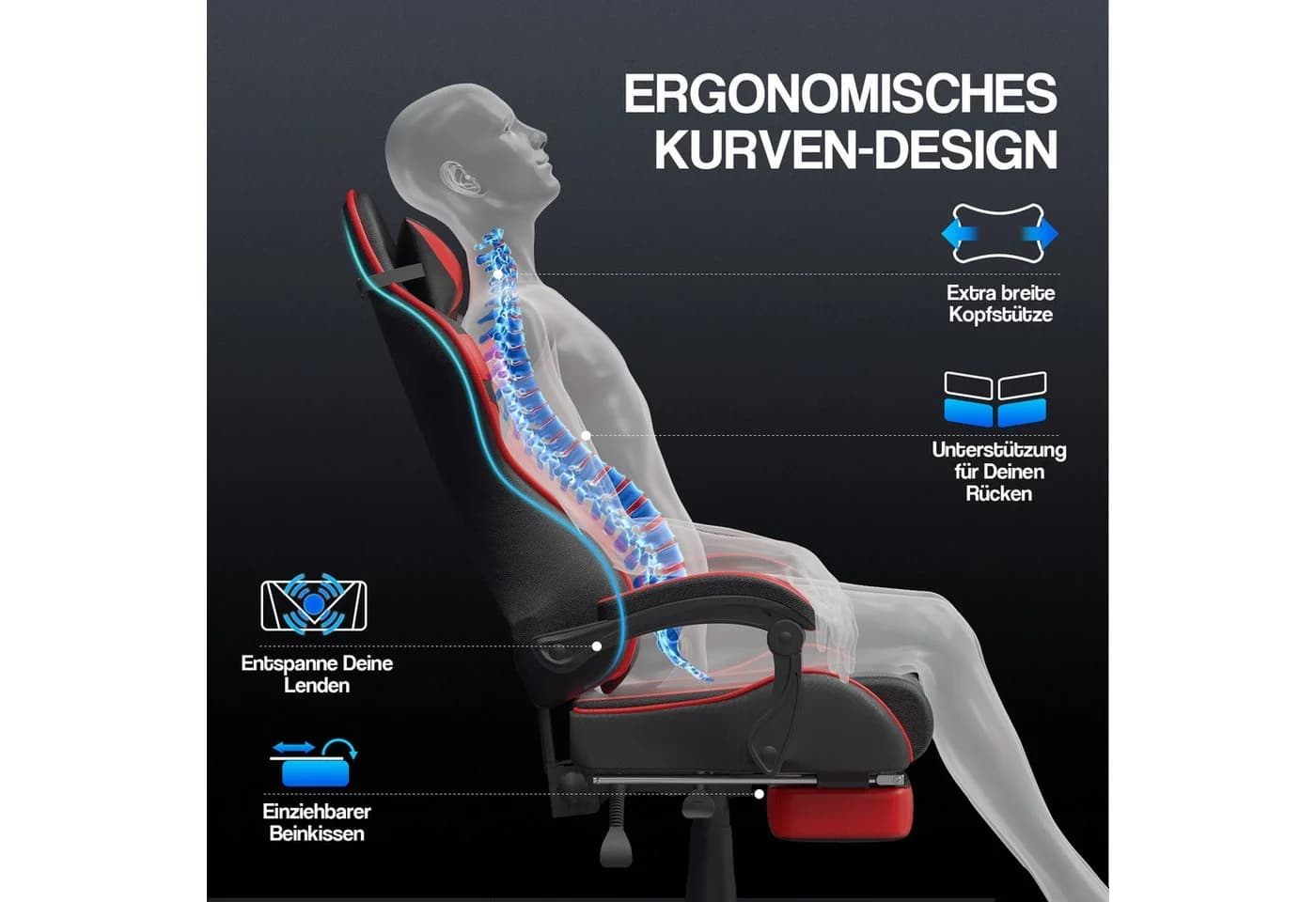 Ferghana Gaming-Stuhl mit Massagefunktion, Kopfstütze und Fußstütze - Bild 3