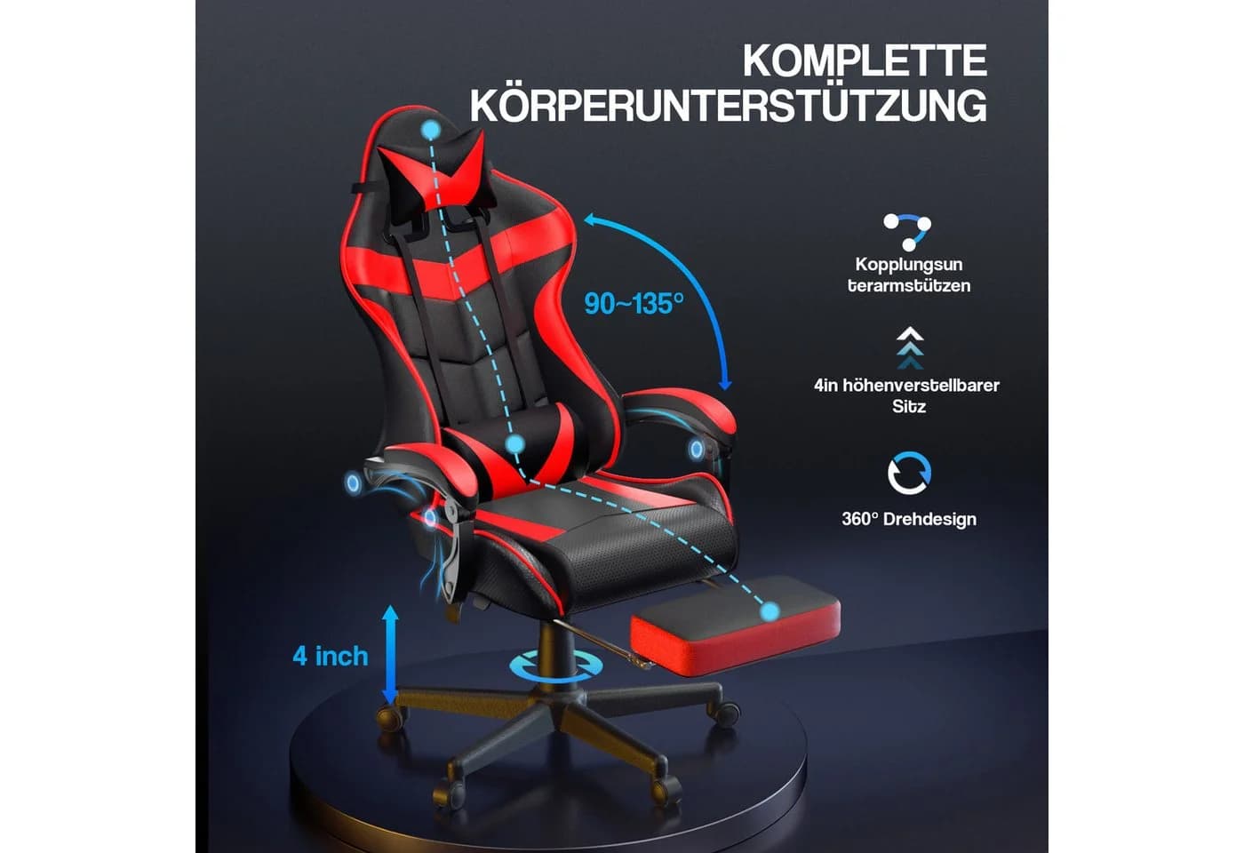 Ferghana Gaming-Stuhl mit Massagefunktion, Kopfstütze und Fußstütze - Bild 4