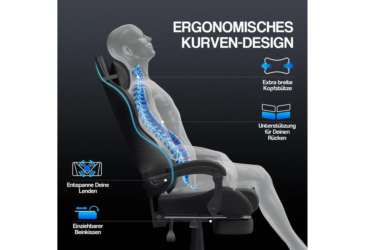 Ferghana Gaming-Stuhl mit Massagefunktion, Fußstütze und Kopfstütze - Bild 4
