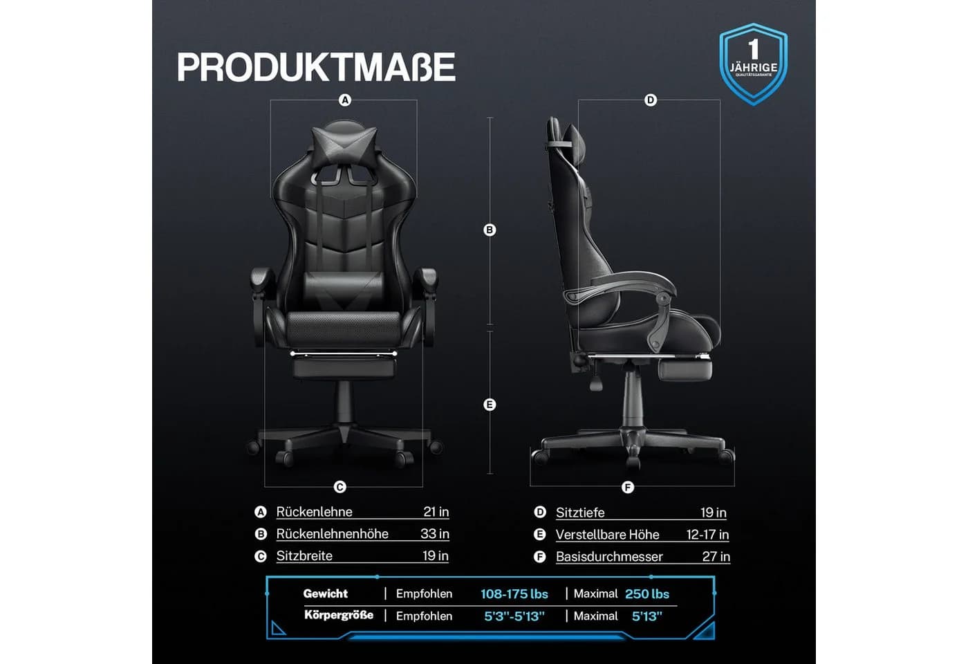 Ferghana Gaming-Stuhl mit Massagefunktion, Fußstütze und Kopfstütze - Bild 5