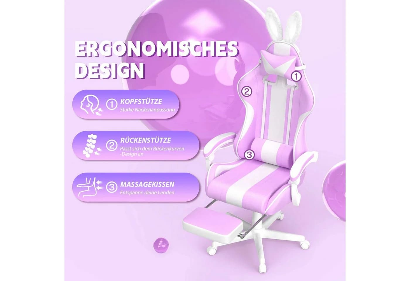 Ferghana Gaming Chair Racing Stuhl Lila mit Fußstütze & Kopfstütze - Bild 4