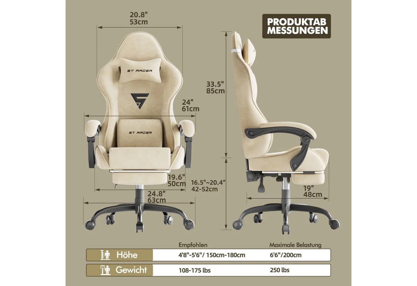 Ferghana Gaming-Stuhl Ergonomisch mit Kopfstütze, Lendenkissen, Armlehnen, Fußstütze - Bild 3