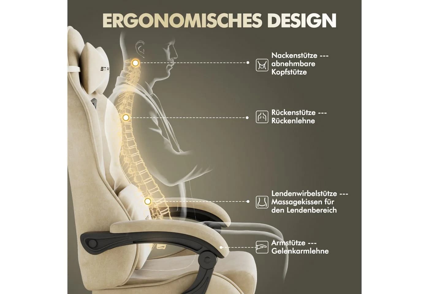 Ferghana Gaming-Stuhl Ergonomisch mit Kopfstütze, Lendenkissen, Armlehnen, Fußstütze - Bild 4
