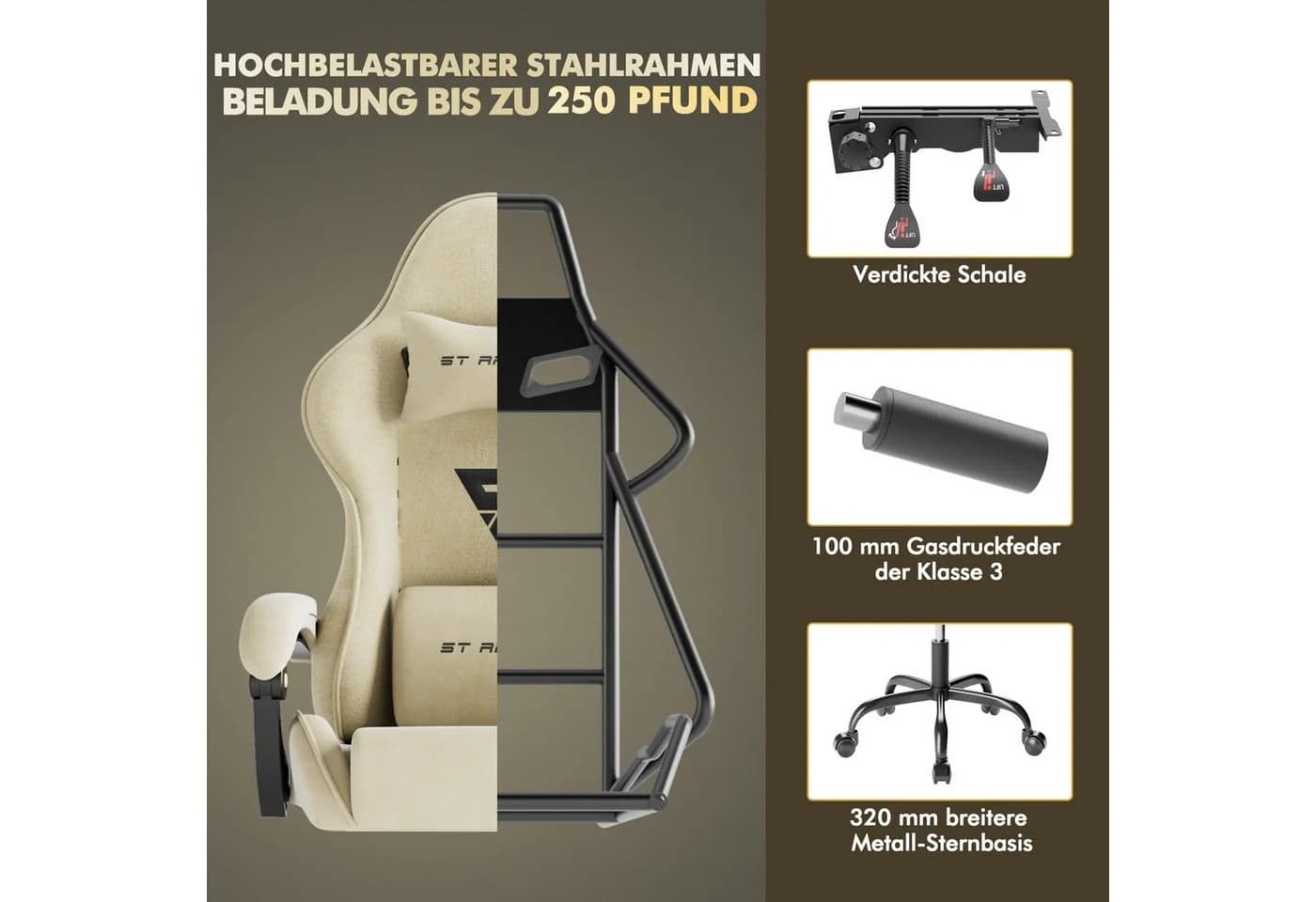 Ferghana Gaming-Stuhl Ergonomisch mit Kopfstütze, Lendenkissen, Armlehnen, Fußstütze - Bild 5