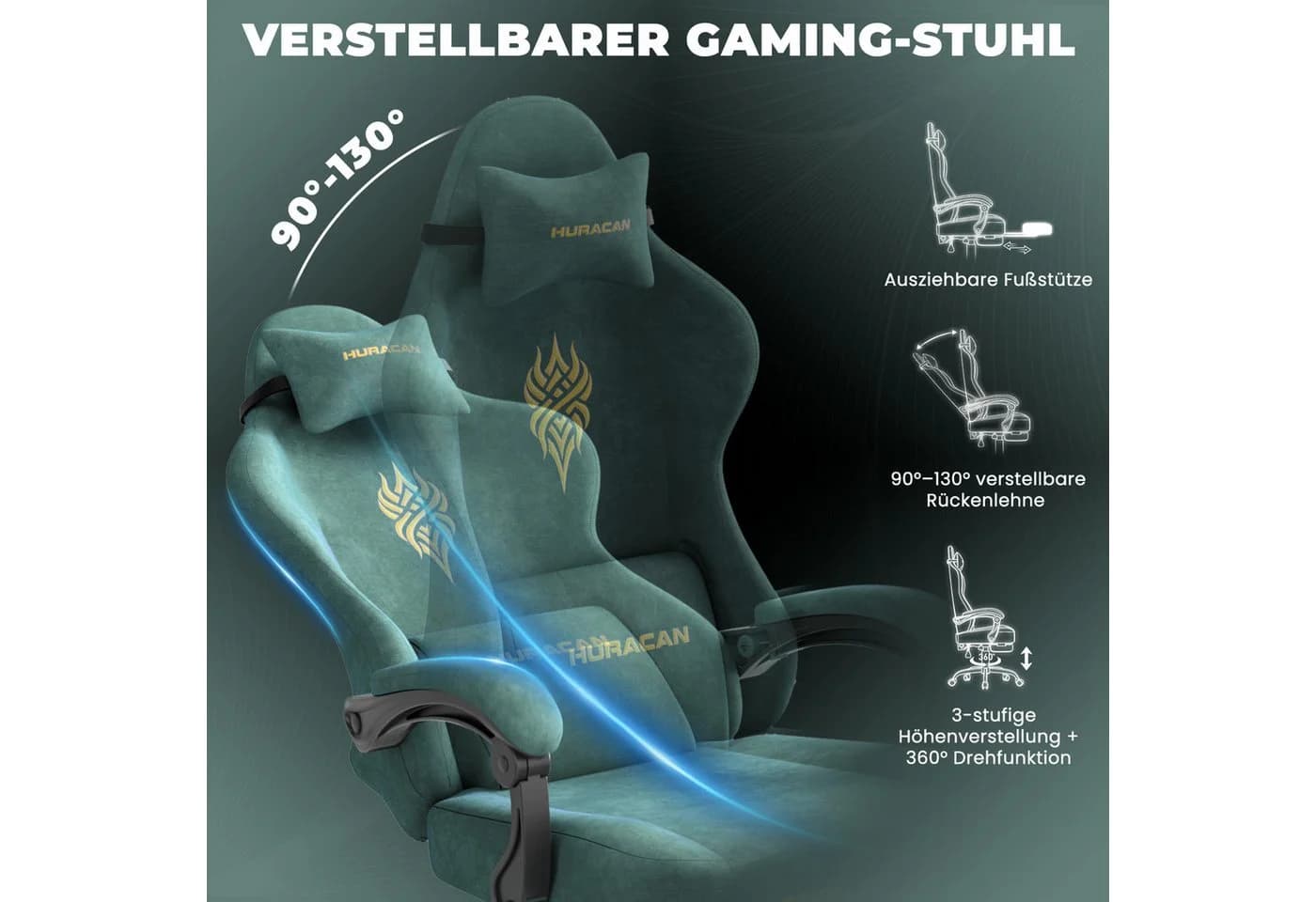 Huracan Gaming-Stuhl Grün mit Massagefunktion und Fußstütze - Bild 4
