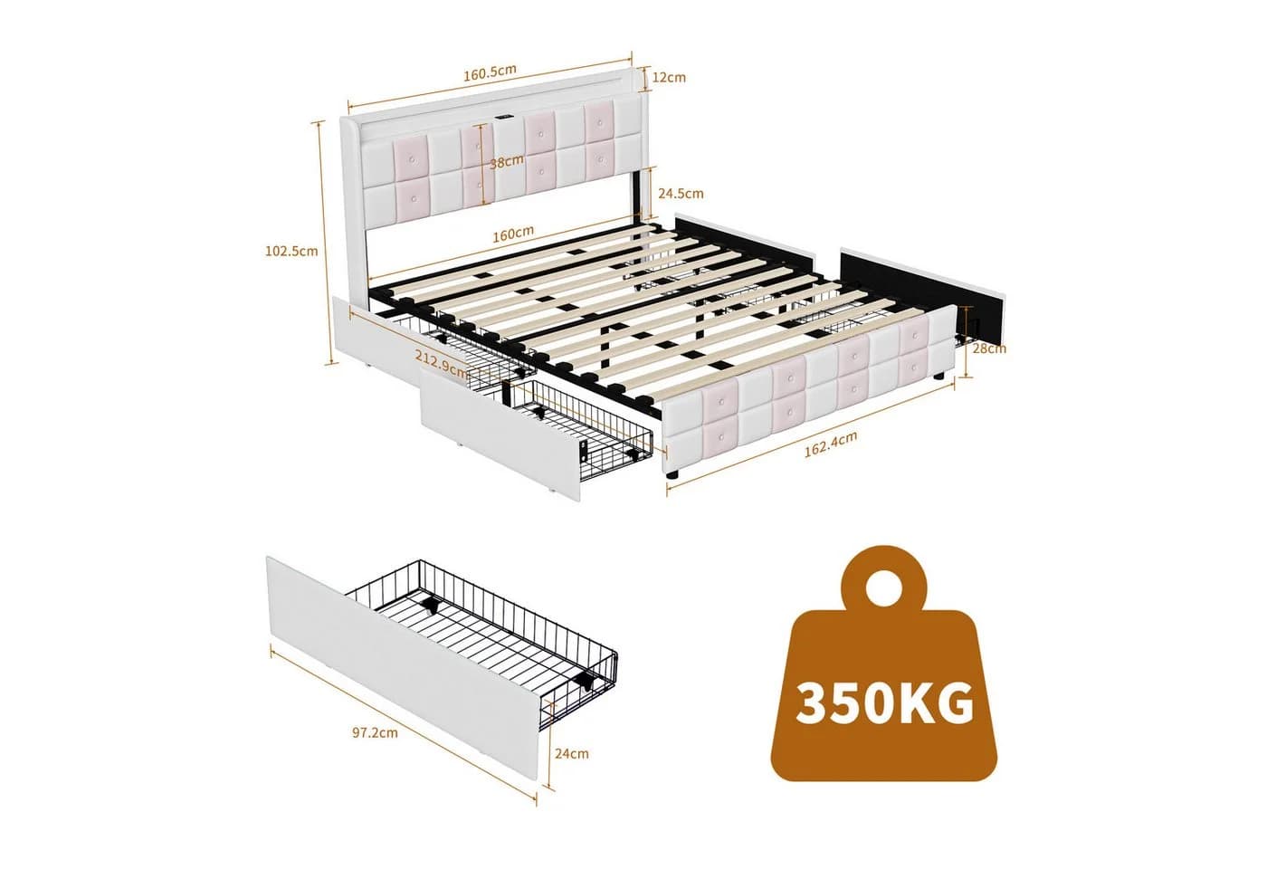 Gdood Stauraumbett Polsterbett mit LED, USB & Schubladen - Bild 3