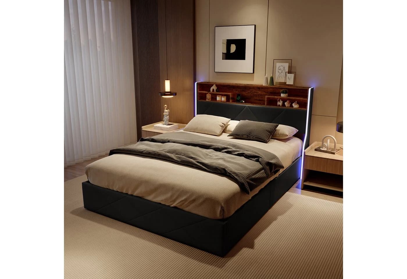 Gdood Polsterbett mit LED, USB-Anschlüssen & Stauraum Schwarz - Bild 2