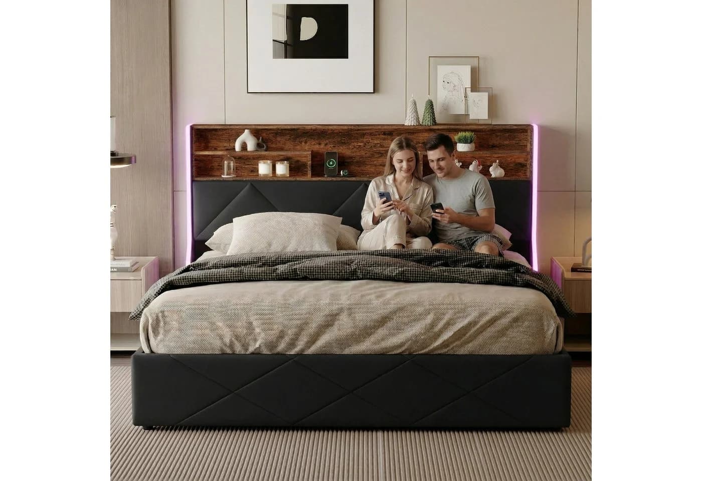 Gdood Polsterbett mit LED, USB-Anschlüssen & Stauraum Schwarz - Bild 5