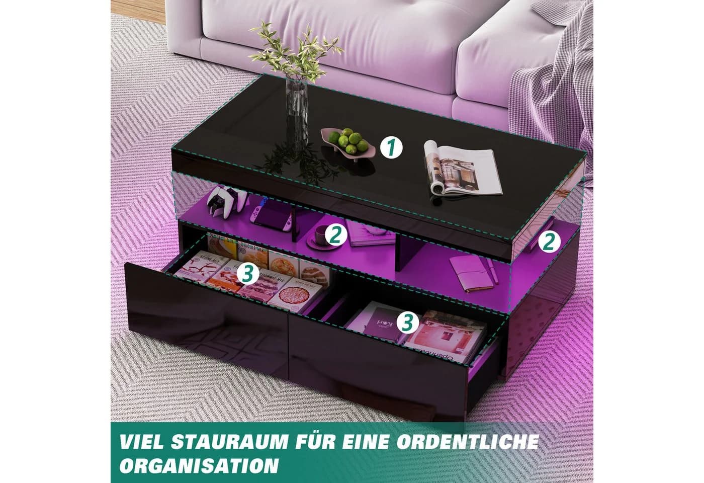 Gdood Couchtisch Ablagetisch LED Beistelltisch Breite 100 cm - Bild 5