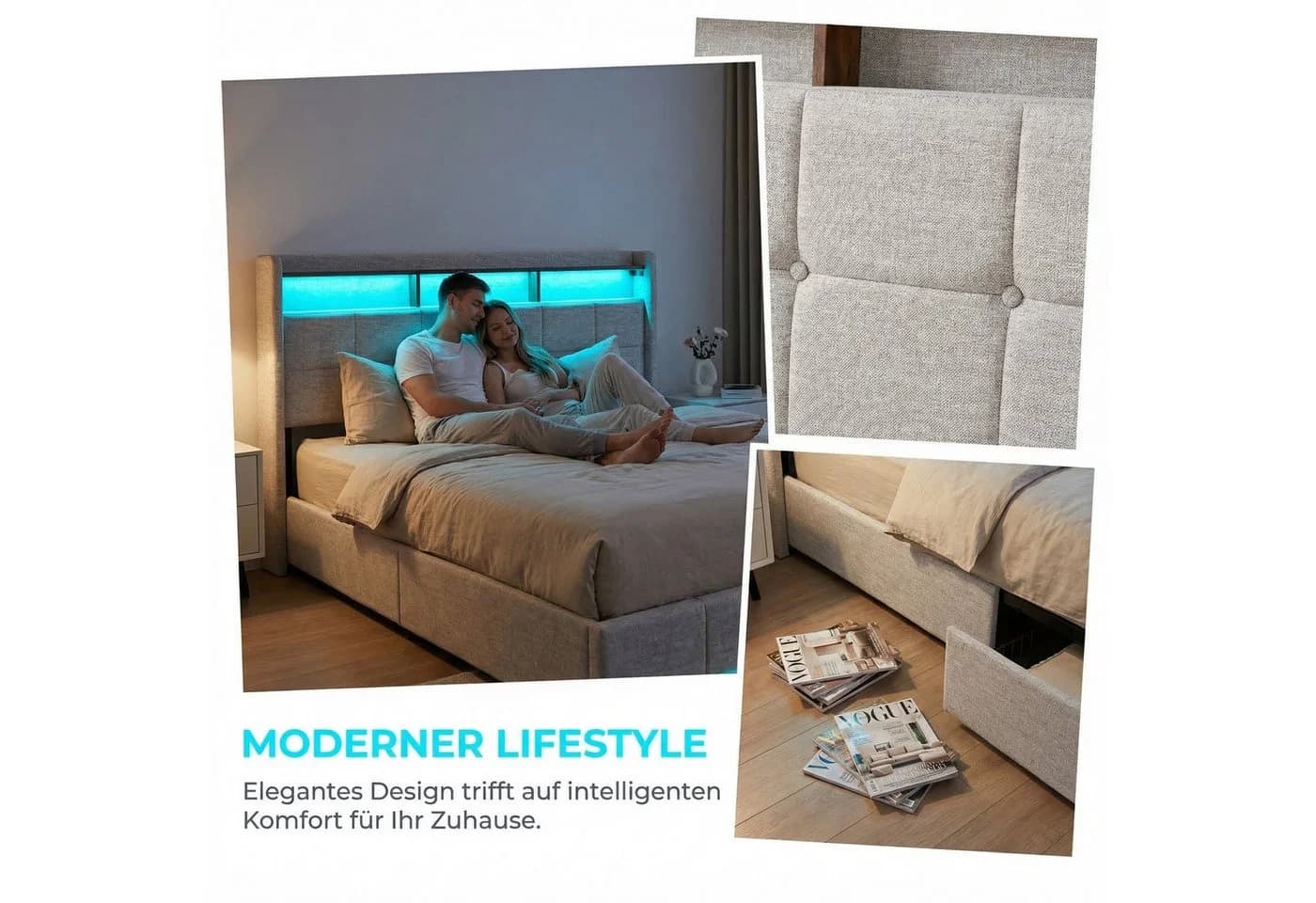 Furnishings Home Polsterbett Stauraumbett mit LED-Beleuchtung und Schubladen - Bild 3