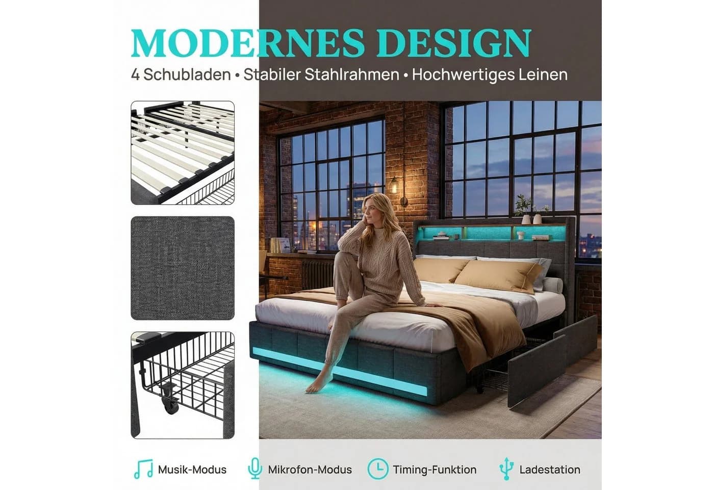 Furnishings Home Polsterbett Stauraumbett Doppelbett 180x200 cm LED USB