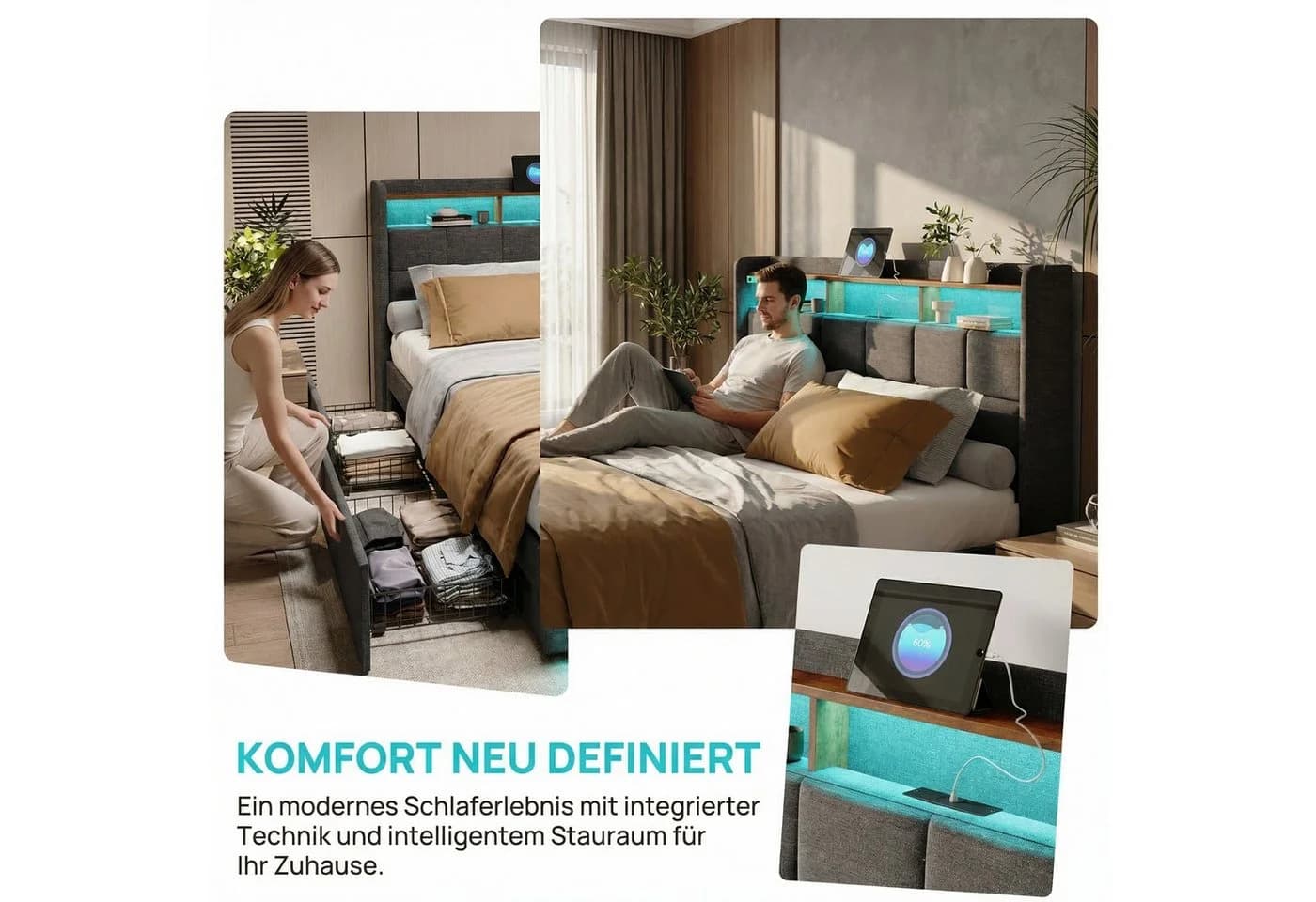 Furnishings Home Polsterbett Stauraumbett Doppelbett 180x200 cm LED USB - Bild 3