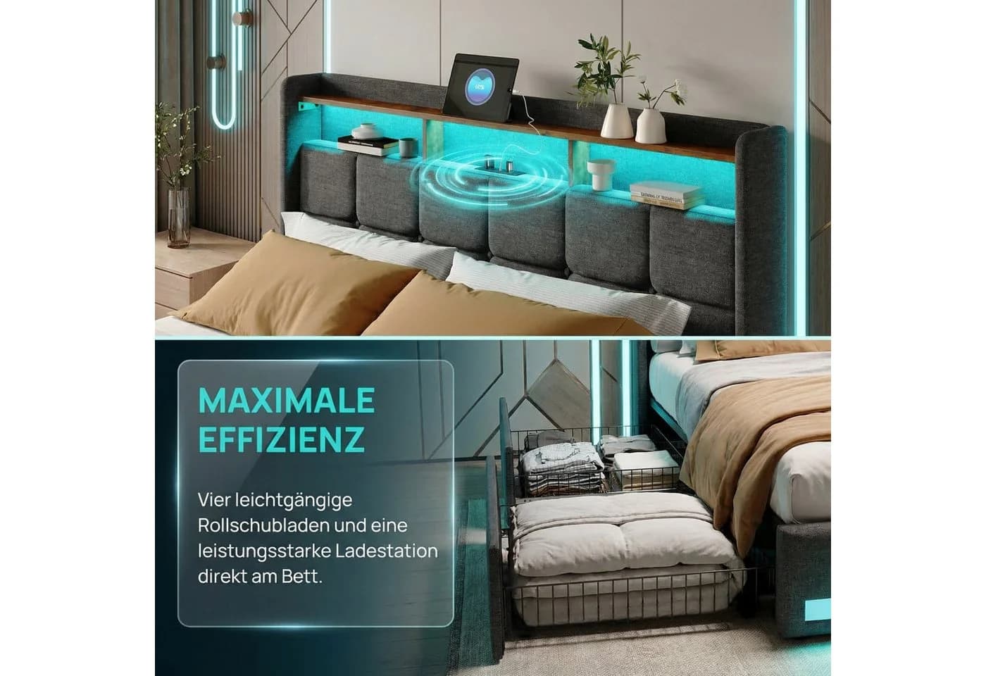 Furnishings Home Polsterbett Stauraumbett Doppelbett 180x200 cm LED USB - Bild 4