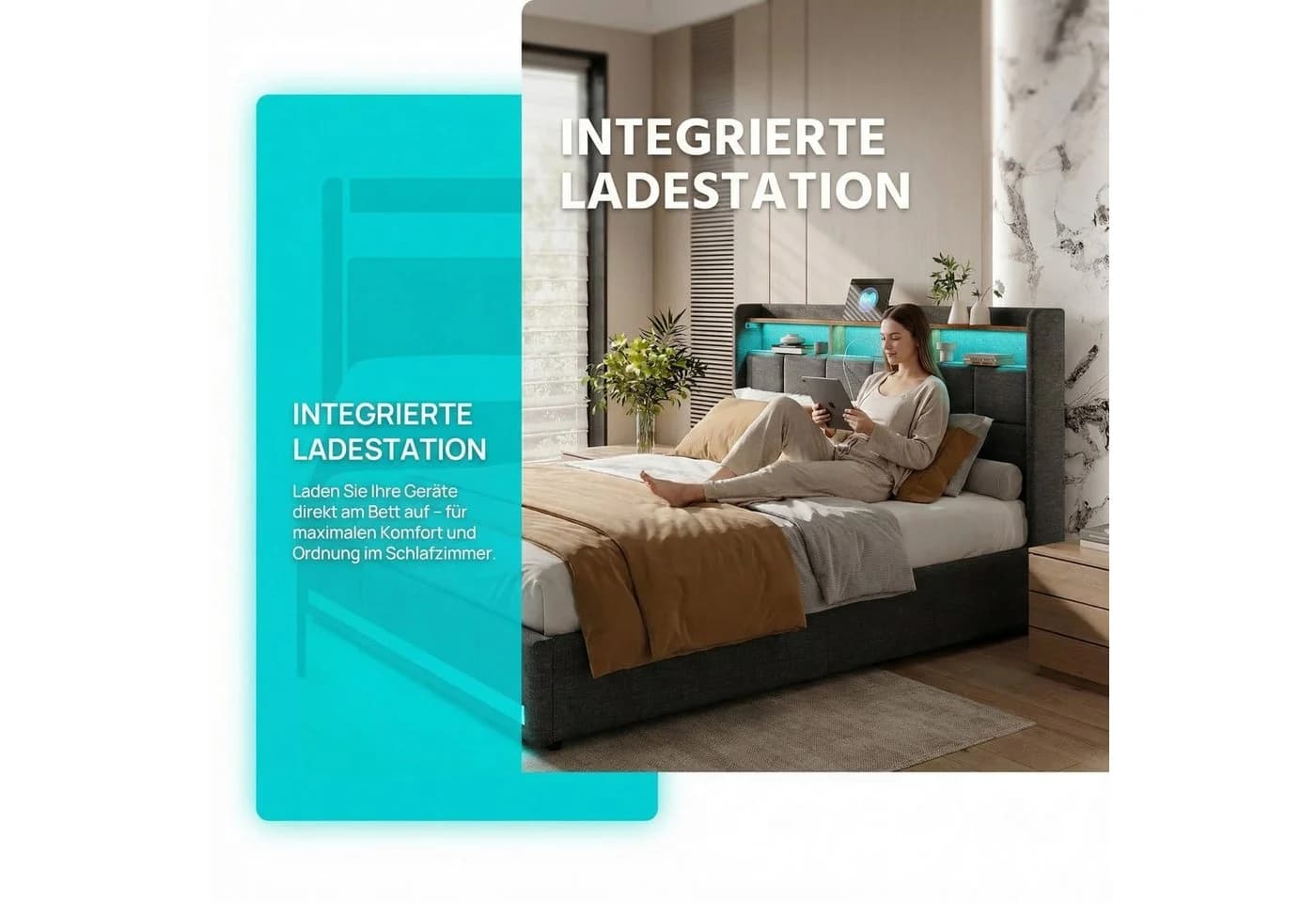 Furnishings Home Polsterbett Stauraumbett Doppelbett 180x200 cm LED USB - Bild 5