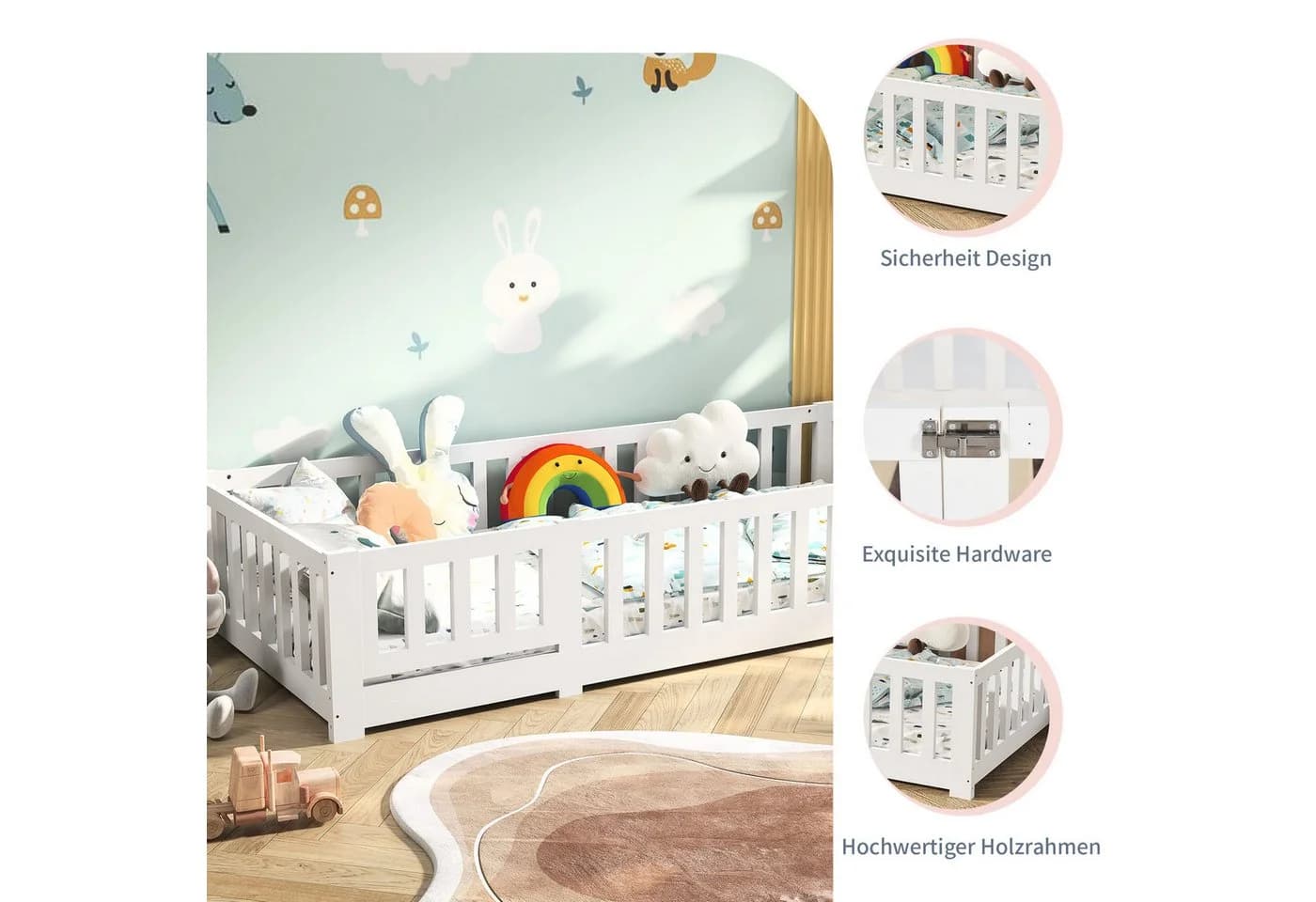 Gdood Kinderbett Massivholzbett Bodenbett Zaunbett Einzelbett Montessori 90x200 cm - Bild 5