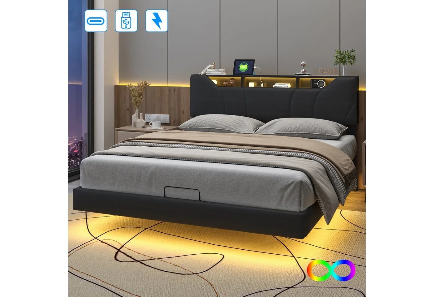 Furnishings Home Polsterbett mit LED, USB und Stauraum - Bild 2