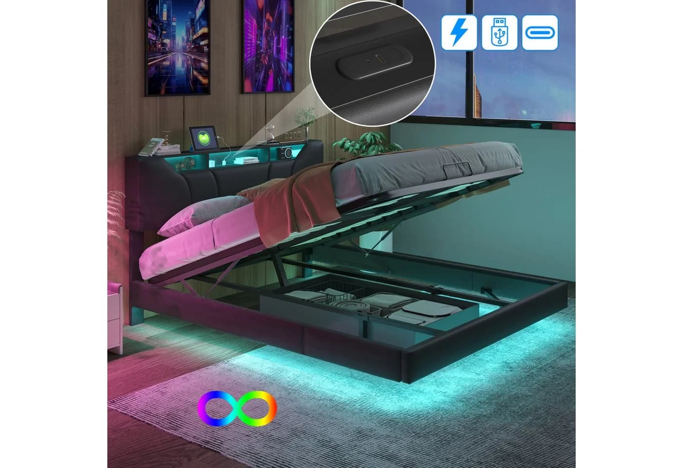 Furnishings Home Polsterbett mit LED, USB und Stauraum - Bild 5