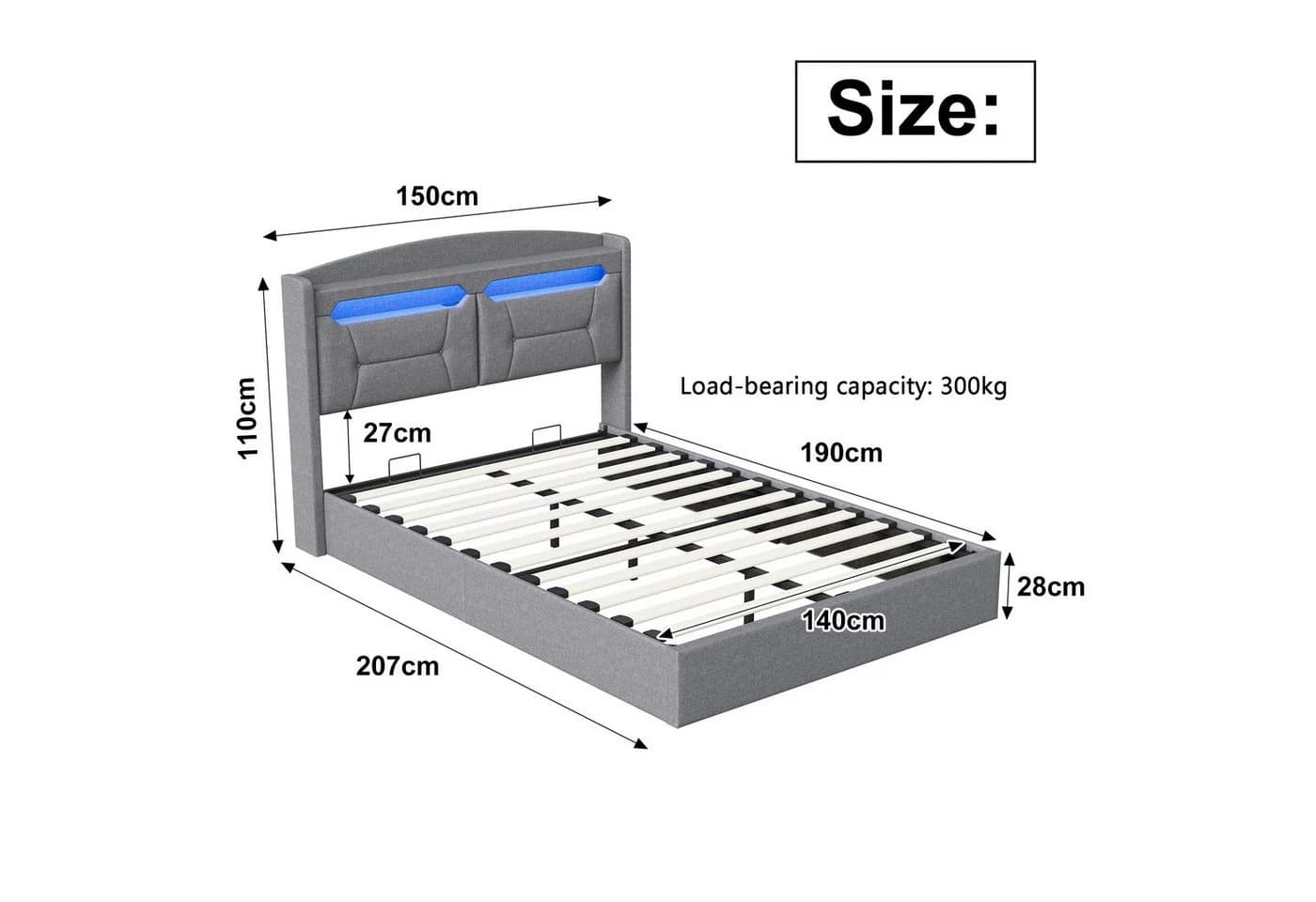 Gdood Polsterbett Doppelbett Grau mit LED Licht und Stauraum - Bild 3
