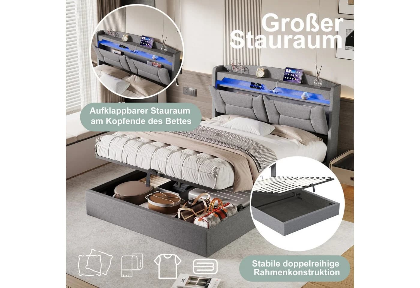Gdood Polsterbett Doppelbett Grau mit LED Licht und Stauraum - Bild 5