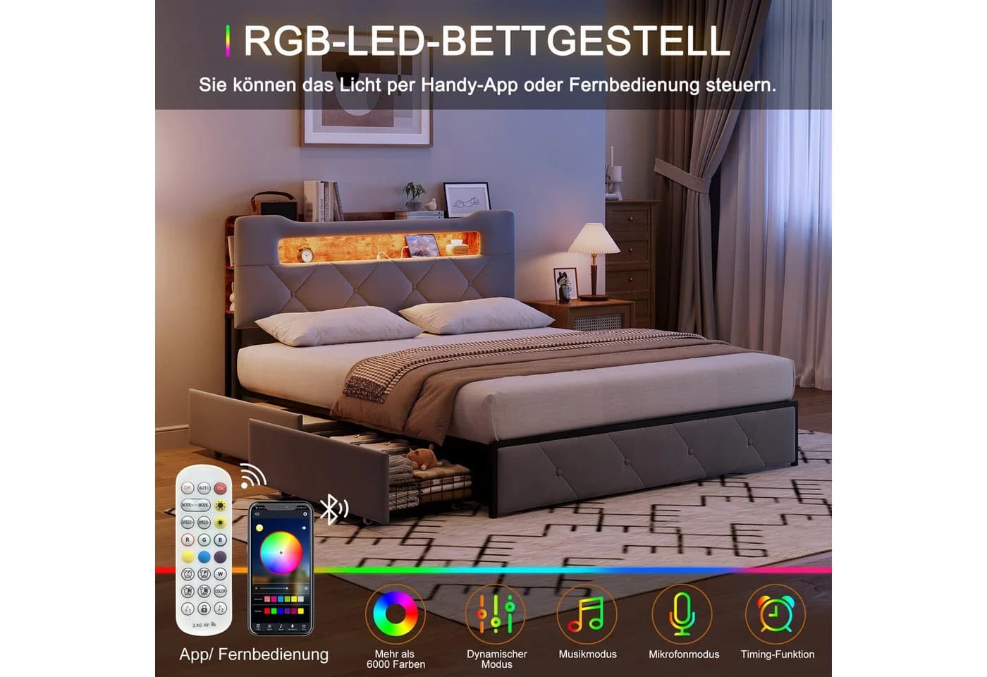 Gdood Polsterbett LED Stauraumbett 140x200cm Doppelbett - Bild 4