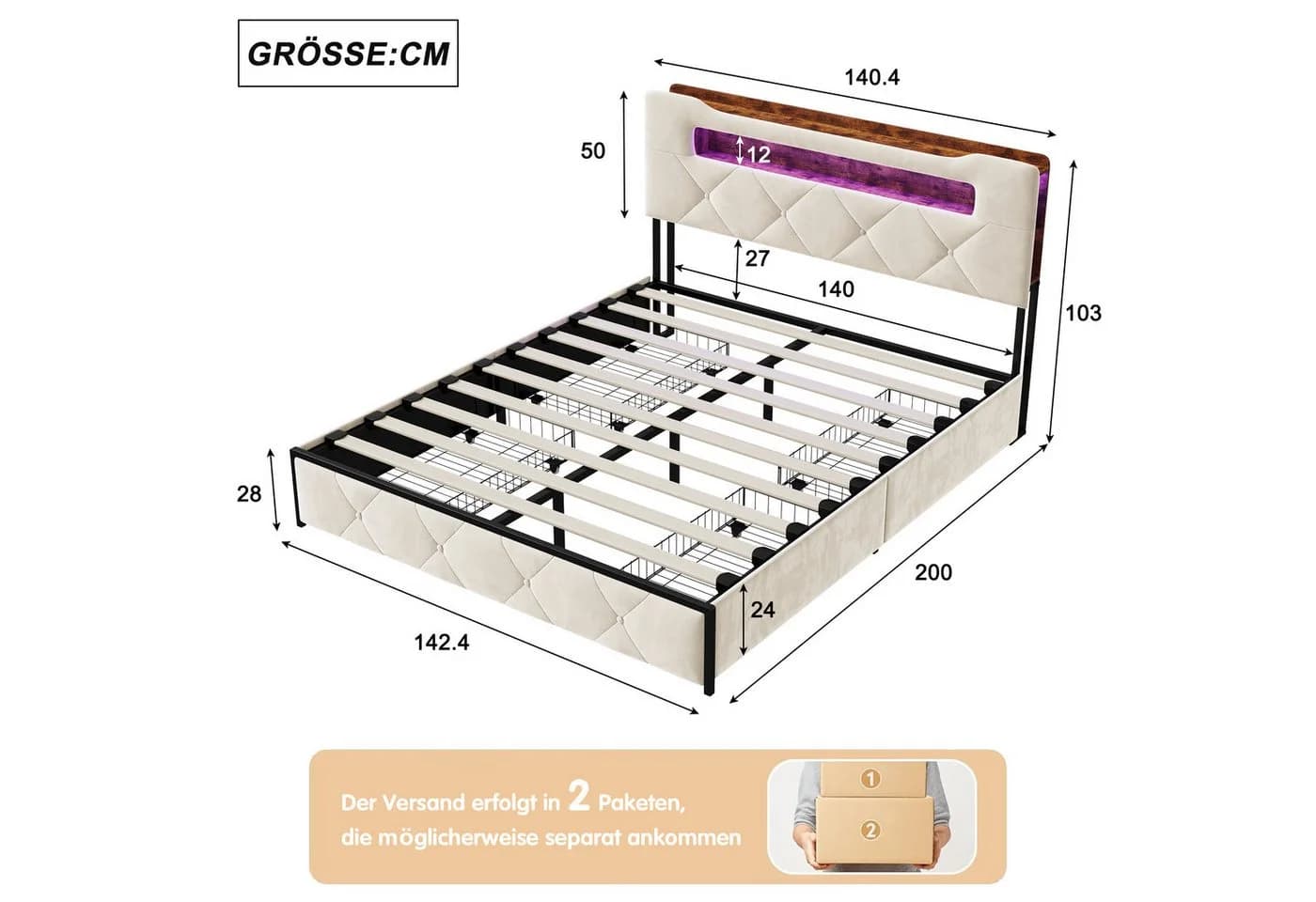 Gdood Polsterbett Beige mit LED und Stauraum - Bild 3