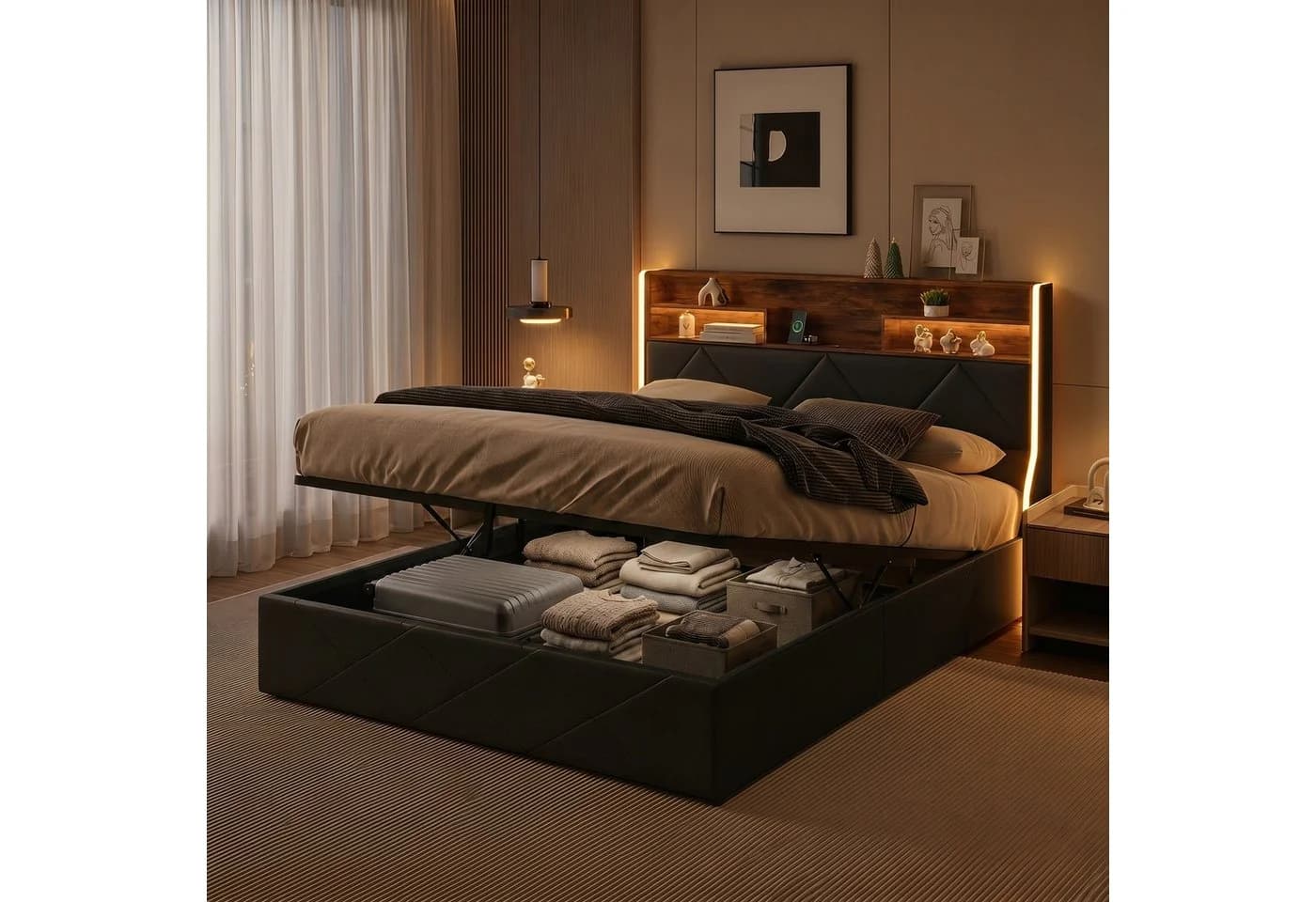PXloue Funktionsbett Polsterbett Schwarz mit LED und Bettkasten - Bild 2