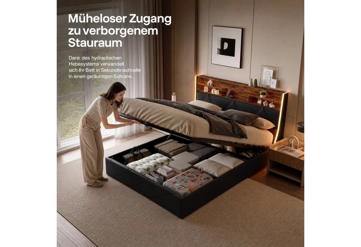 PXloue Funktionsbett Polsterbett Schwarz mit LED und Bettkasten - Bild 3