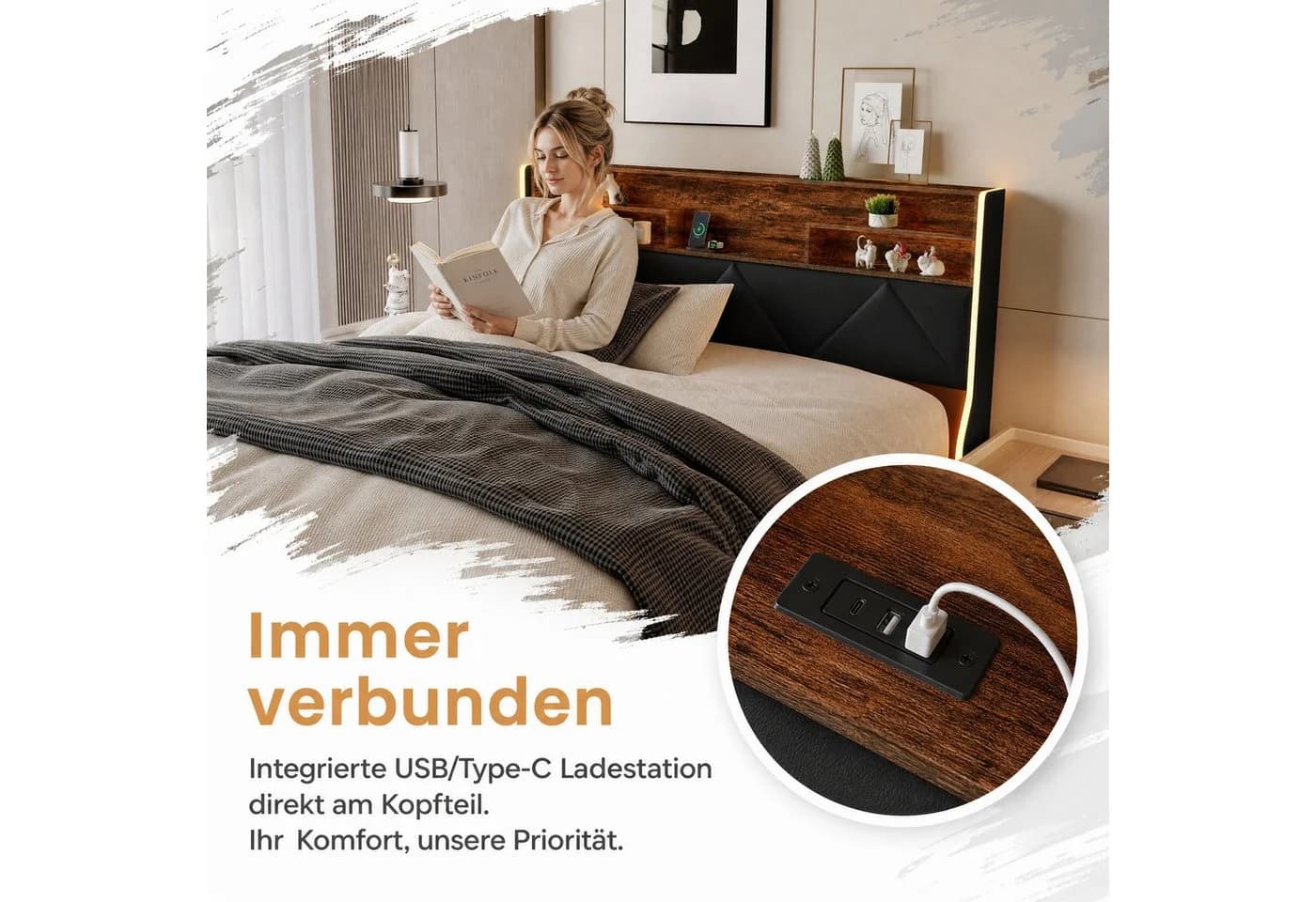 PXloue Funktionsbett Polsterbett Schwarz mit LED und Bettkasten - Bild 4