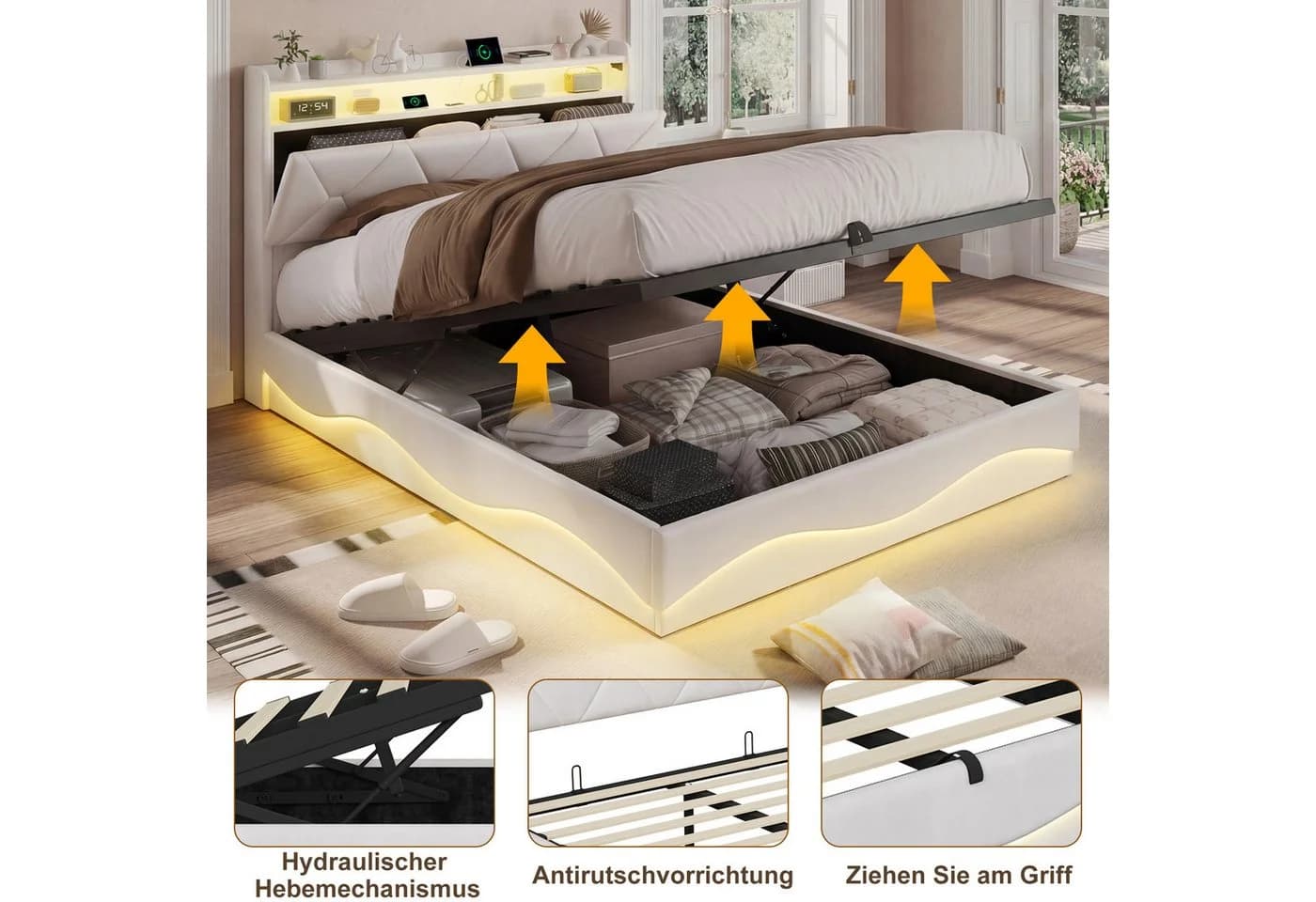 Simurq Polsterbett 160x200 mit Stauraum, LED & USB - Bild 4