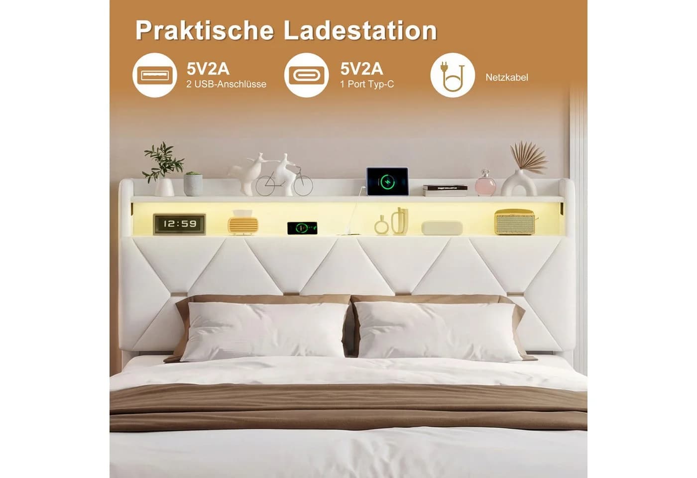 Simurq Polsterbett 160x200 mit Stauraum, LED & USB - Bild 5