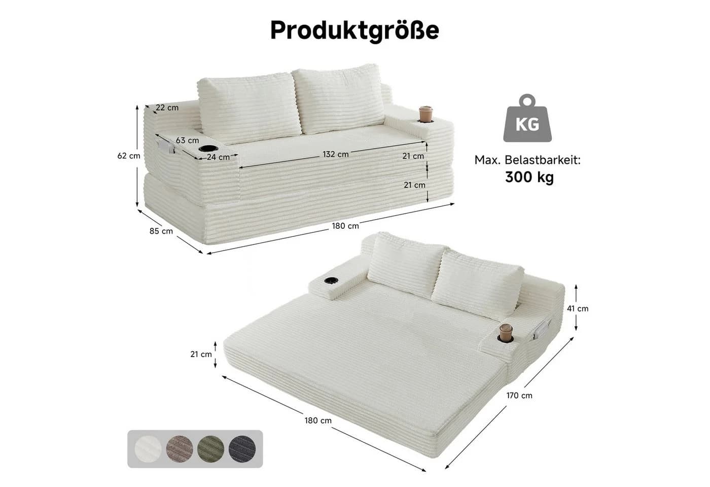 GLP Schlafsofa 2-Sitzer Cord-Stoff Weiß mit Bettfunktion - Bild 3