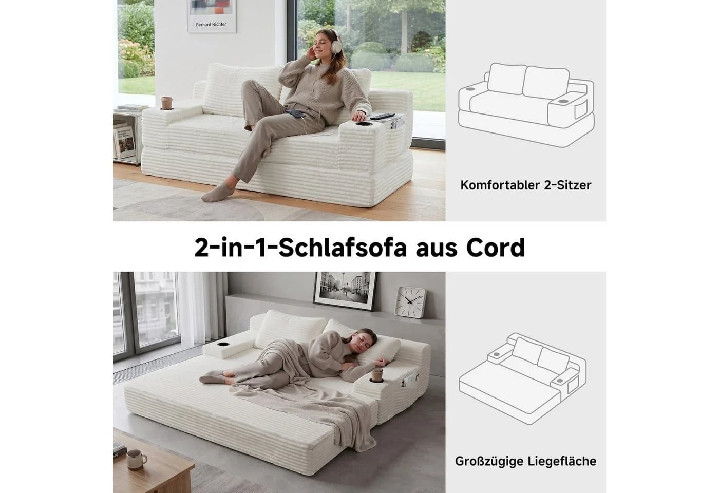 GLP Schlafsofa 2-Sitzer Cord-Stoff Weiß mit Bettfunktion - Bild 4