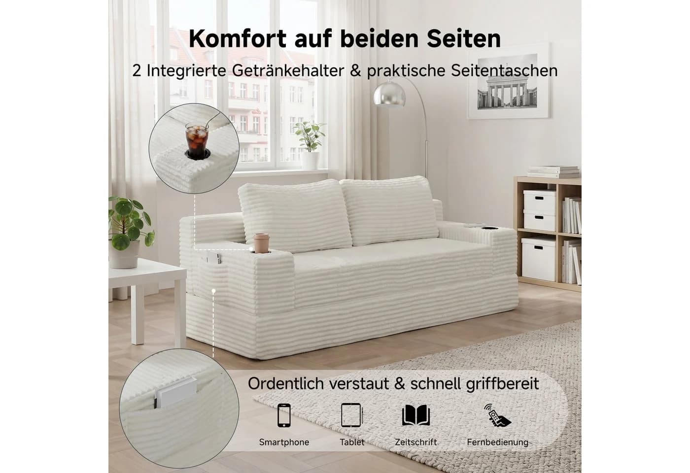 GLP Schlafsofa 2-Sitzer Cord-Stoff Weiß mit Bettfunktion - Bild 5