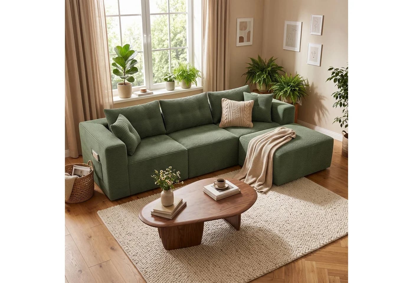 GLP Ecksofa Cord Grün 3-Sitzer mit Hocker Modulsofa