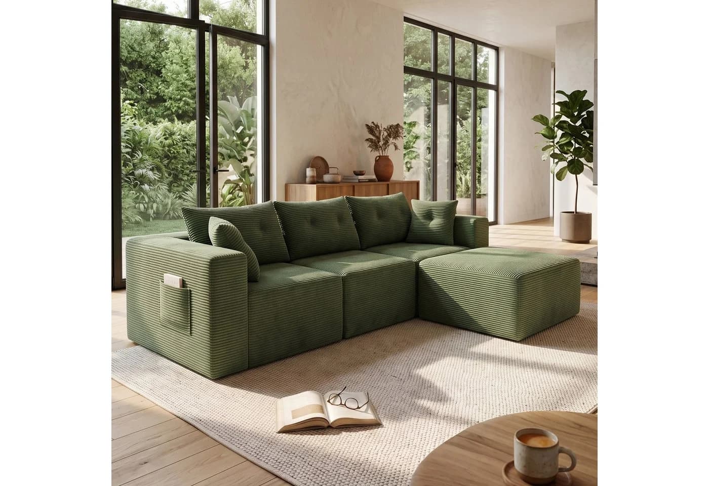 GLP Ecksofa Cord Grün 3-Sitzer mit Hocker Modulsofa - Bild 3